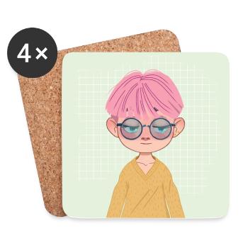 Manga Junge Chibi Figur rosa Haare und Brille - Untersetzer (4er-Set) - Weiß - Vorne