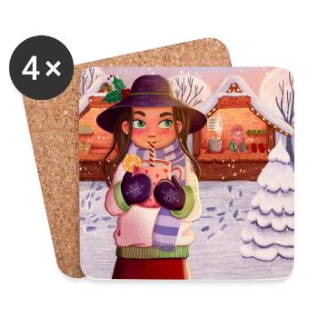 Illustration du marché de Noël - Dessous de verre (lot de 4) - blanc - Devant