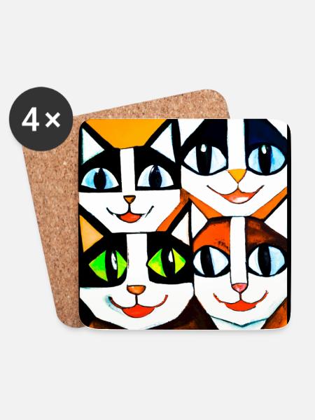 Lustiges geometrisches Katzengesicht mit großen Augen - Untersetzer (4er-Set) - Weiß