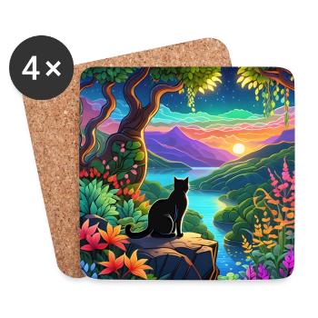 Katze in einer verspielt bunten Landschaft - Untersetzer (4er-Set) - Weiß - Vorne