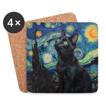 Chat Noir, Chat, Animal, Van Gogh, Nuit Étoilée - Dessous de verre (lot de 4) - blanc - Devant