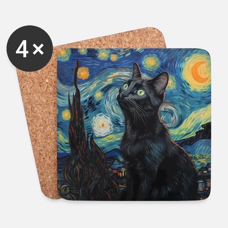schwarze katze, katze, tier, van gogh, sternenacht - Untersetzer (4er-Set) - Weiß