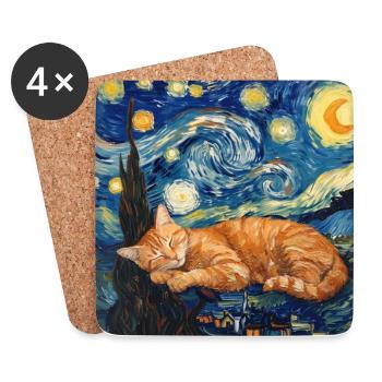 Chat, Animal, Van Gogh, Nuit Étoilée - Dessous de verre (lot de 4) - blanc - Devant