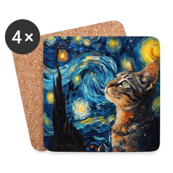 Chat, Animal, Van Gogh, Nuit Étoilée - Dessous de verre (lot de 4) - blanc - Devant