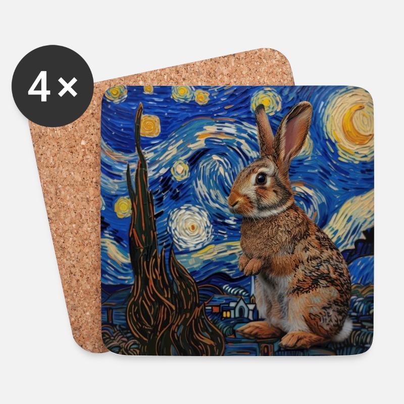 hase, kaninchen, Van Gogh, Sternennacht - Untersetzer (4er-Set) - Weiß