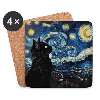 Chat Noir, Chat, Van Gogh, Nuit Étoilée - Dessous de verre (lot de 4) - blanc - Devant