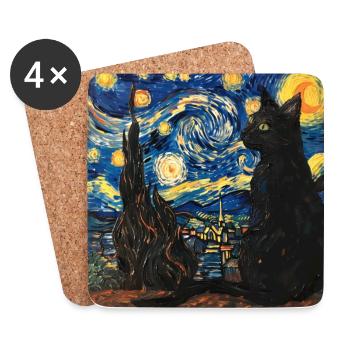 Black Cat, Cat, Animal, Van Gogh, Starry Night - Coasters (set of 4) - white - Front