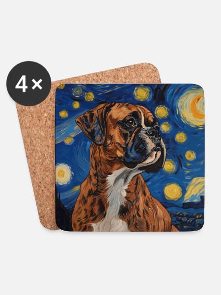 Deutscher Boxer, hund, Van Gogh, Sternennacht - Untersetzer (4er-Set) - Weiß