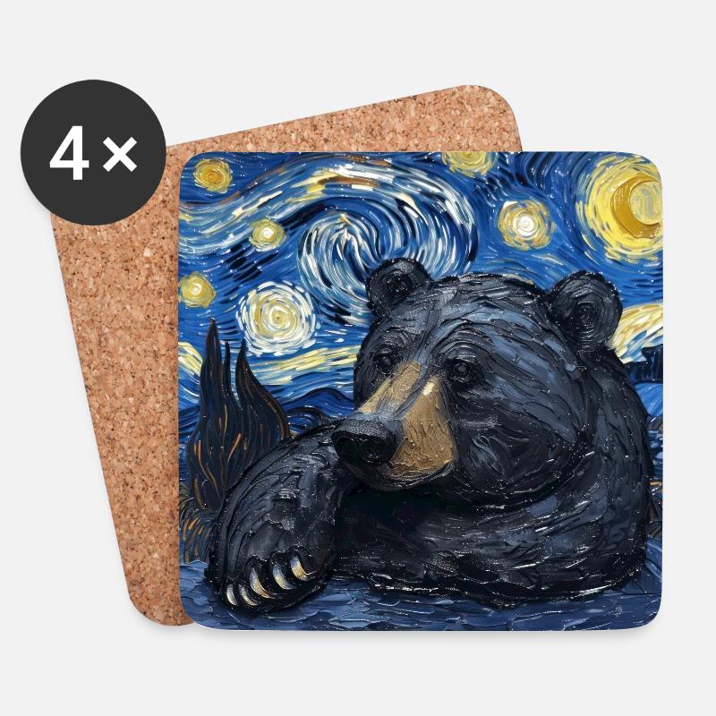 Grizzly, Bär, Van Gogh, Sternennacht - Untersetzer (4er-Set) - Weiß
