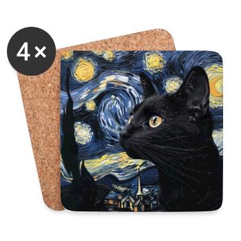 Black Cat, Cats, Van Gogh, Starry Night - Coasters (set of 4) - white - Front