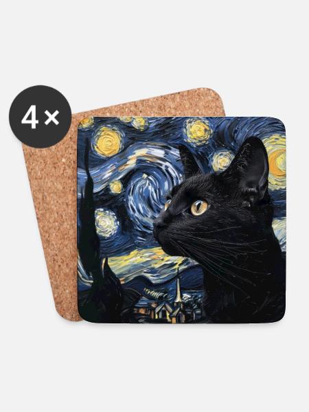 schwarze katze, katzen, van gogh, sternennacht - Untersetzer (4er-Set) - Weiß
