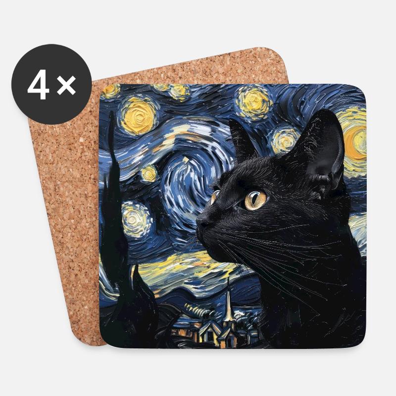 schwarze katze, katzen, van gogh, sternennacht - Untersetzer (4er-Set) - Weiß
