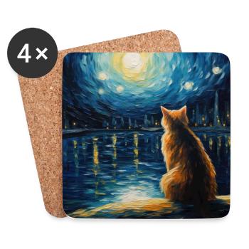 Chat, Motif De Chat, Van Gogh, Nuit Étoilée - Dessous de verre (lot de 4) - blanc - Devant