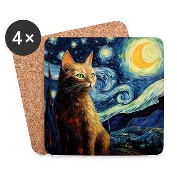 Chat, Motif De Chat, Van Gogh, Nuit Étoilée - Dessous de verre (lot de 4) - blanc - Devant