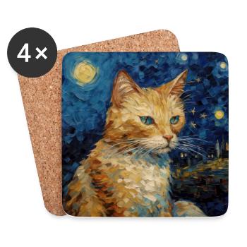 Chat, Motif De Chat, Van Gogh, Nuit Étoilée - Dessous de verre (lot de 4) - blanc - Devant