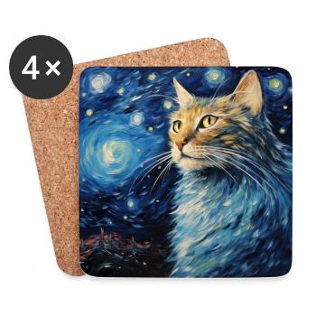 Chat, Motif De Chat, Van Gogh, Nuit Étoilée - Dessous de verre (lot de 4) - blanc - Devant