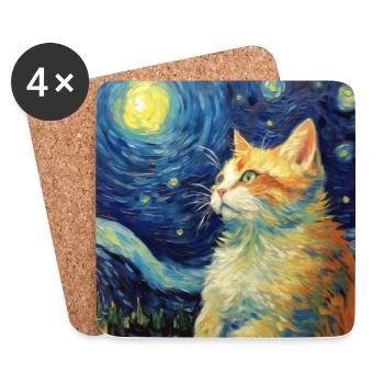 Cat, Cat Motif, Van Gogh, Starry Night - Coasters (set of 4) - white - Front