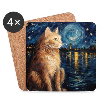 Chat, Motif De Chat, Van Gogh, Nuit Étoilée - Dessous de verre (lot de 4) - blanc - Devant