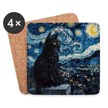 Chat, Motif De Chat, Van Gogh, Nuit Étoilée - Dessous de verre (lot de 4) - blanc - Devant