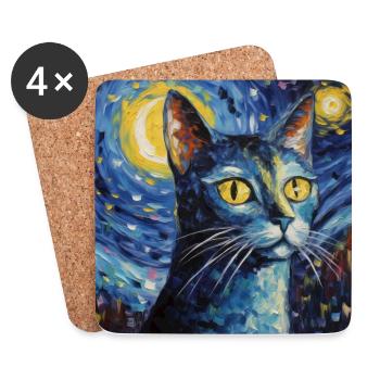 Chat, Motif De Chat, Van Gogh, Nuit Étoilée - Dessous de verre (lot de 4) - blanc - Devant
