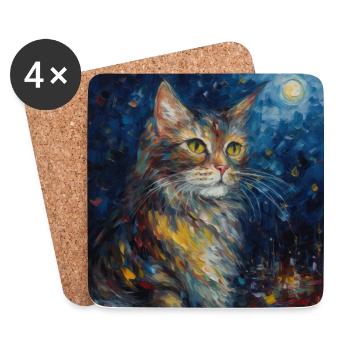 Chat, Motif De Chat, Van Gogh, Nuit Étoilée - Dessous de verre (lot de 4) - blanc - Devant