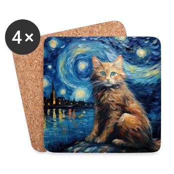 Chat, Motif De Chat, Van Gogh, Nuit Étoilée - Dessous de verre (lot de 4) - blanc - Devant