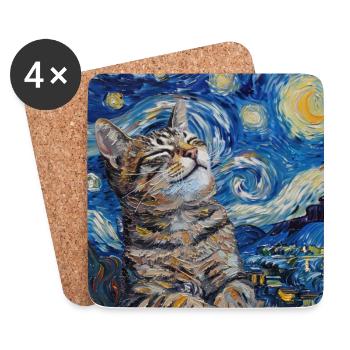 Cat, Cat Motif, Van Gogh, Starry Night - Coasters (set of 4) - white - Front