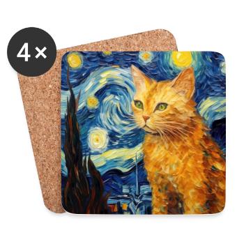 Chat, Motif De Chat, Van Gogh, Nuit Étoilée - Dessous de verre (lot de 4) - blanc - Devant
