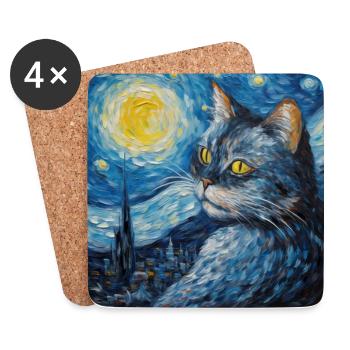 Cat, Cat Motif, Van Gogh, Starry Night - Coasters (set of 4) - white - Front