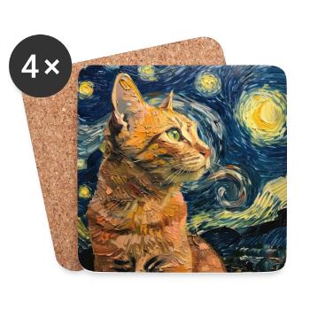 Chat, Motif De Chat, Van Gogh, Nuit Étoilée - Dessous de verre (lot de 4) - blanc - Devant