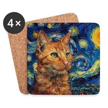 Chat, motif de chat, van gogh, nuit étoilée - Dessous de verre (lot de 4) - blanc - Devant