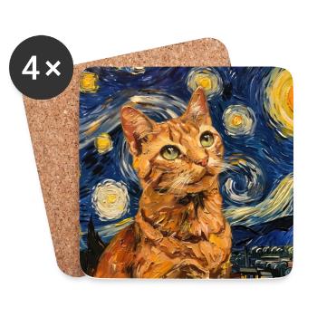Chat, Motif De Chat, Van Gogh, Nuit Étoilée - Dessous de verre (lot de 4) - blanc - Devant