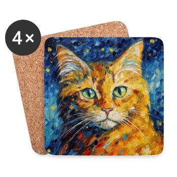 Chat, Motif De Chat, Van Gogh, Nuit Étoilée - Dessous de verre (lot de 4) - blanc - Devant