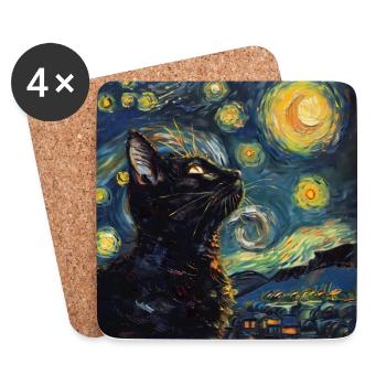 Chat, Motif De Chat, Van Gogh, Nuit Étoilée - Dessous de verre (lot de 4) - blanc - Devant