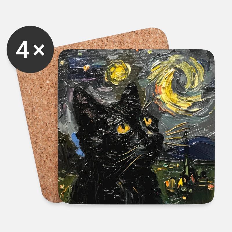 Katze, katzenmotiv, van gogh, sternennacht - Untersetzer (4er-Set) - Weiß