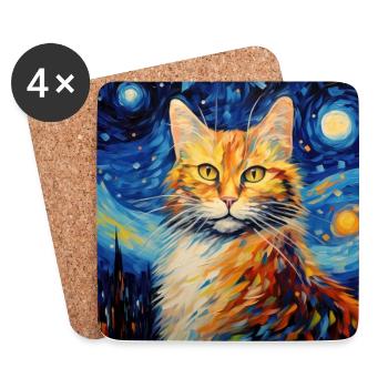 Chat, motif de chat, van gogh, nuit étoilée - Dessous de verre (lot de 4) - blanc - Devant