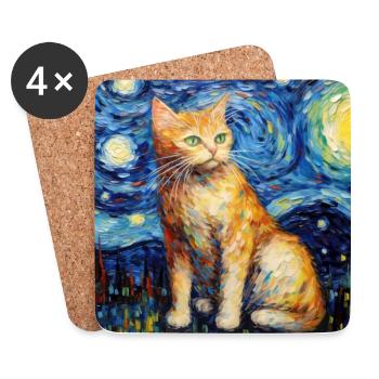 Cat, Cat Motif, Van Gogh, Starry Night - Coasters (set of 4) - white - Front