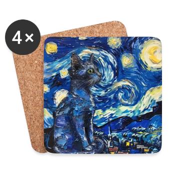 Chat, Motif De Chat, Van Gogh, Nuit Étoilée - Dessous de verre (lot de 4) - blanc - Devant