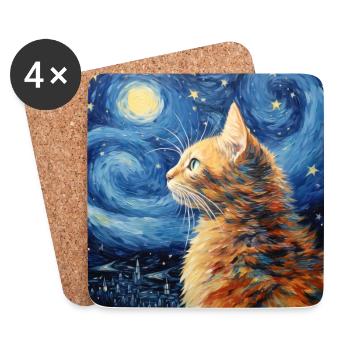 Chat, Motif De Chat, Van Gogh, Nuit Étoilée - Dessous de verre (lot de 4) - blanc - Devant