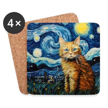 Chat, Motif De Chat, Van Gogh, Nuit Étoilée - Dessous de verre (lot de 4) - blanc - Devant