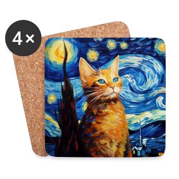 Chat, Motif De Chat, Van Gogh, Nuit Étoilée - Dessous de verre (lot de 4) - blanc - Devant