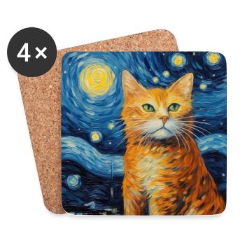 Chat, Motif De Chat, Van Gogh, Nuit Étoilée - Dessous de verre (lot de 4) - blanc - Devant