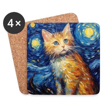 Chat, Motif De Chat, Van Gogh, Nuit Étoilée - Dessous de verre (lot de 4) - blanc - Devant