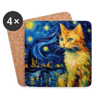 Cat, Cat Motif, Van Gogh, Starry Night - Coasters (set of 4) - white - Front