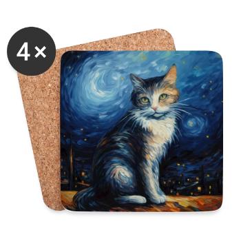 Chat, motif de chat, van gogh, nuit étoilée - Dessous de verre (lot de 4) - blanc - Devant