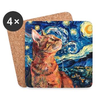 Chat, Motif De Chat, Van Gogh, Nuit Étoilée - Dessous de verre (lot de 4) - blanc - Devant