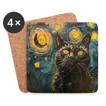 Cat, Cat Motif, Van Gogh, Starry Night - Coasters (set of 4) - white - Front