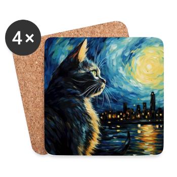Chat, Motif De Chat, Van Gogh, Nuit Étoilée - Dessous de verre (lot de 4) - blanc - Devant