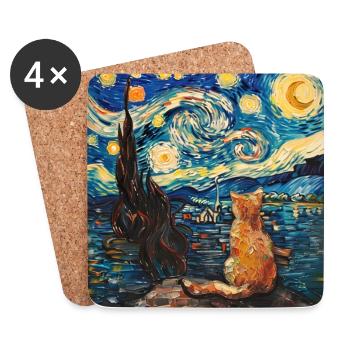 Cat, Cat Motif, Van Gogh, Starry Night - Coasters (set of 4) - white - Front