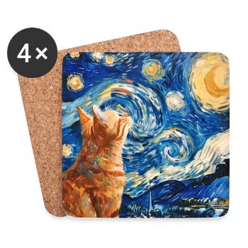 Chat, Motif De Chat, Van Gogh, Nuit Étoilée - Dessous de verre (lot de 4) - blanc - Devant